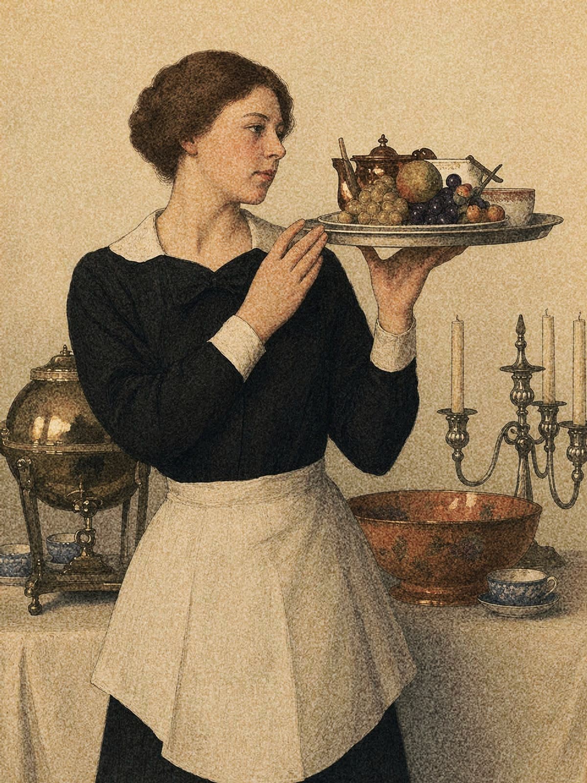 An inked and watercoloured illustration of an Edwardian housemaid in a black dress and pale apron, carrying a silver tray of tea and fruit past a laid side table.