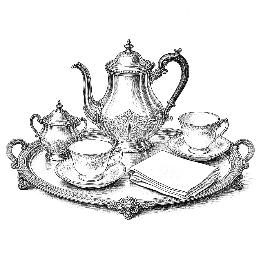 Engraving of a silver tea service on a tray.